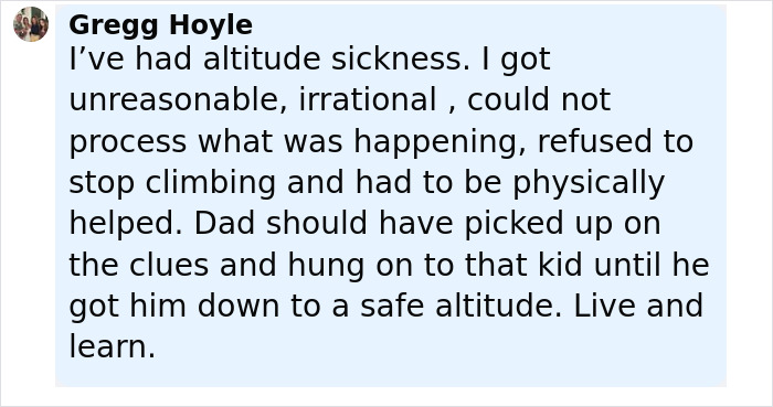 Comment from Gregg Hoyle describing altitude sickness and warning about clues before a hallucinating 14-year-old son walked off a cliff.