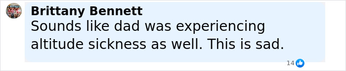 Comment by Brittany Bennett discussing dad experiencing altitude sickness, related to terrifying words hallucinating 14YO son said before cliff fall.