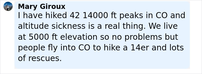 Comment discussing hiking 14000 ft peaks in Colorado and altitude sickness risks during rescue missions.