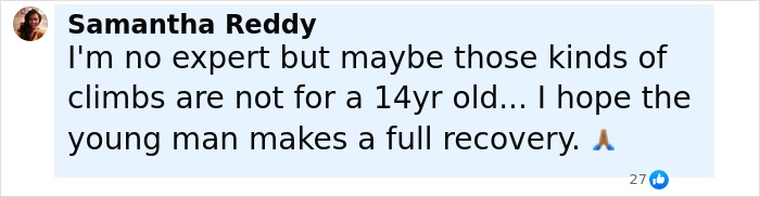 Comment about concerns for a 14-year-old son hallucinating before walking off a 120-foot cliff, hoping for recovery.