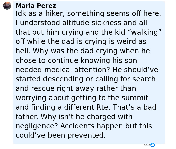 Comment discussing a terrifying words hallucinating 14YO son walking off a 120-foot cliff while his dad cries nearby.