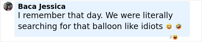 Comment by Baca Jessica recalling the day the balloon boy incident happened, expressing amusement about searching for the balloon.