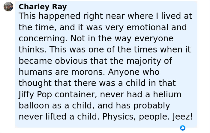 Comment from Charley Ray discussing the Balloon Boy controversy and public reactions to the incident years later.