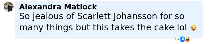 Comment by Alexandra Matlock expressing jealousy of Scarlett Johansson, reacting to her kissing costar at premiere.