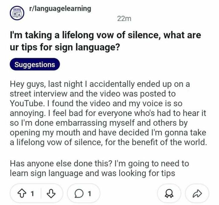 Reddit post about taking a lifelong vow of silence and asking for sign language tips, sparking moments that make people say hmmm.
