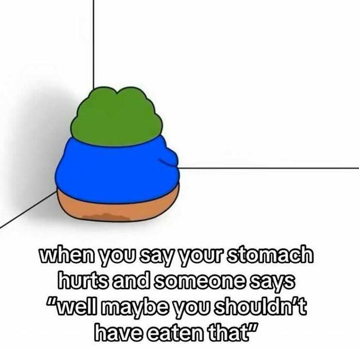 Cartoon of a figure sitting in a corner with text about stomach pain and someone saying you shouldn't have eaten that, funny post.