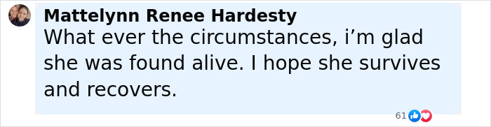 Comment from Mattelynn Renee Hardesty expressing hope for recovery of a model brutally attacked in Dubai.