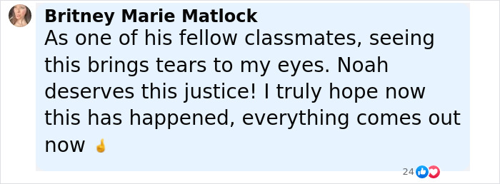 Screenshot of a Facebook comment expressing hope for justice in family of teen lawsuit against suspects. Screenshot of a Facebook comment expressing hope for justice in family of teen lawsuit against suspects.