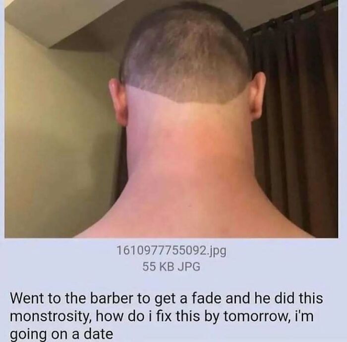 Man with an unusual fade haircut at the back of his head, an example of people seeing something that made them go hmmm.