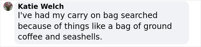 Comment from Katie Welch explaining her carry-on bag was searched due to items like ground coffee and seashells at airport security.
