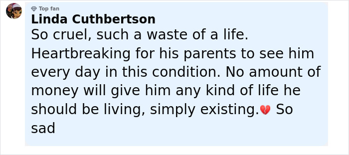 Comment from Linda Cuthbertson expressing heartbreak over man with locked-in syndrome after neck pain chiropractor visit.