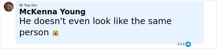 Comment from McKenna Young expressing disbelief with crying emoji on social media about a man's changed appearance.