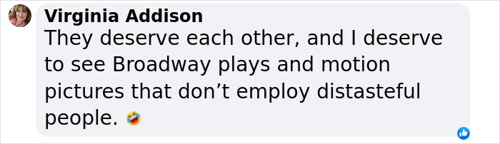Comment by Virginia Addison expressing opinion about Broadway plays and motion pictures avoiding distasteful people in a social media post. Comment by Virginia Addison expressing opinion about Broadway plays and motion pictures avoiding distasteful people in a social media post.