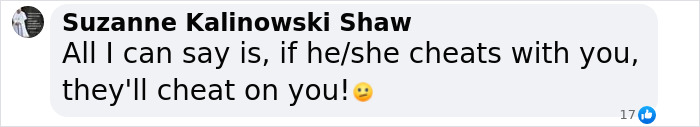 Screenshot of Suzanne Kalinowski Shaw’s comment on social media about cheating, with 17 likes. Screenshot of Suzanne Kalinowski Shaw’s comment on social media about cheating, with 17 likes.