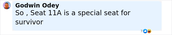 Screenshot of a social media comment by Godwin Odey mentioning seat 11A as a special seat for a plane crash survivor.