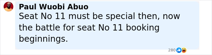 Comment about seat No 11 by Paul Wuobi Abuo on a light blue background, referencing a booking battle.