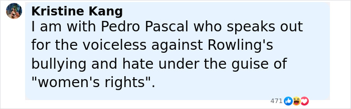 Screenshot of a social media comment supporting Pedro Pascal defending his criticism of JK Rowling&rsquo;s controversial views.