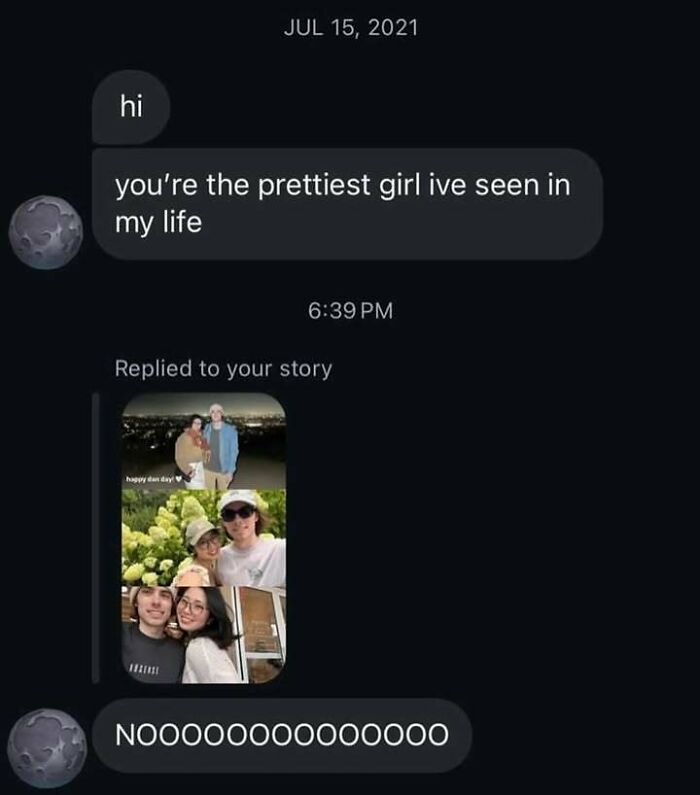 Screenshot of a funny message exchange where someone reacts with NOOOOO after complimenting a girl SEO keyword hmmm moments.