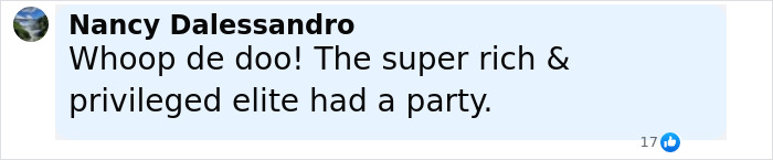 Facebook comment by Nancy Dalessandro saying the super rich and privileged elite had a party, related to Jeff Bezos wedding location. Facebook comment by Nancy Dalessandro saying the super rich and privileged elite had a party, related to Jeff Bezos wedding location.