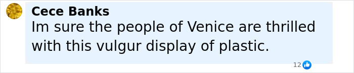 Comment by Cece Banks criticizing a vulgar display of plastic in Venice amid Jeff Bezos and Lauren Sánchez wedding rules. Comment by Cece Banks criticizing a vulgar display of plastic in Venice amid Jeff Bezos and Lauren Sánchez wedding rules.