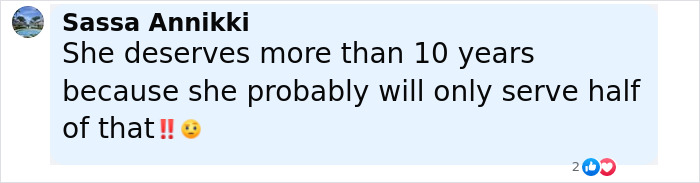 Comment from Sassa Annikki expressing opinion that the woman who drove pickup truck through kids' park deserves more than 10 years.
