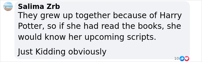 Facebook comment discussing Harry Potter fan reactions, mentioning Emma Watson and the controversial incest scene debate.