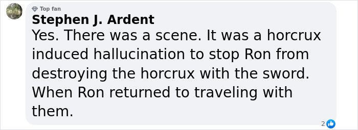 Facebook comment discussing a Harry Potter scene involving a horcrux-induced hallucination and Ron&rsquo;s journey.
