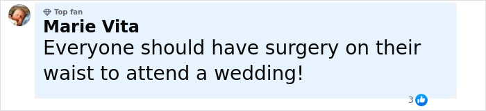 Comment from user Marie Vita discussing waist surgery to attend a wedding, related to Kim Kardashian's tiny waist theory.