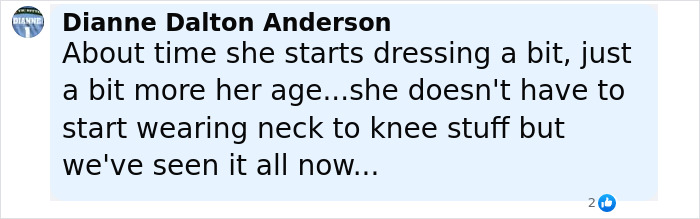 Comment by Dianne Dalton Anderson discussing age-appropriate dressing, with text about wardrobe choices and preferences.