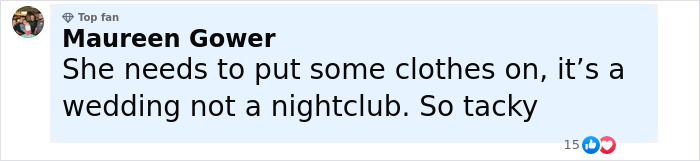 Comment from Maureen Gower criticizing attire at a wedding, mentioning dress code and calling it tacky.