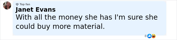 Comment by Janet Evans questioning material purchase, linked to Kim Kardashian's tiny waist and rib theory at Jeff Bezos' wedding.