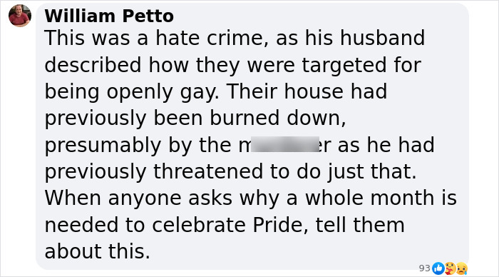 Comment by William Petto discussing a hate crime related to targeting an openly gay couple's home and Pride month.