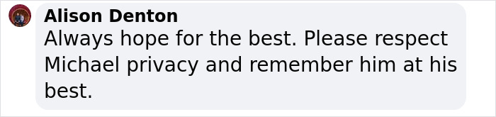 Comment by Alison Denton expressing hope and respect for Michael Schumacher's privacy and legacy in F1.