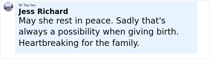 Comment on news about real housewives exec passing away during childbirth, expressing sympathy for the family and mentioning the risks.