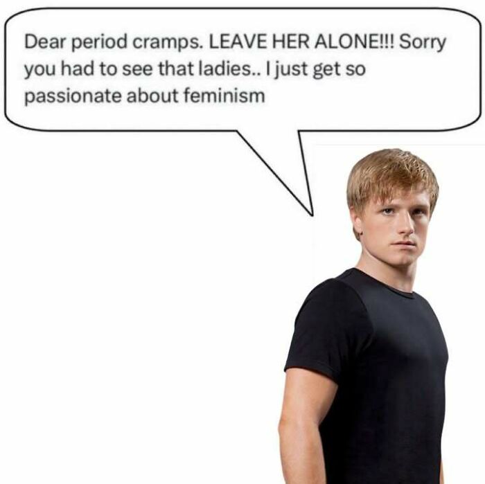Young man in a black shirt with a speech bubble about period cramps, a curious image from people who saw something that made them go hmmm.