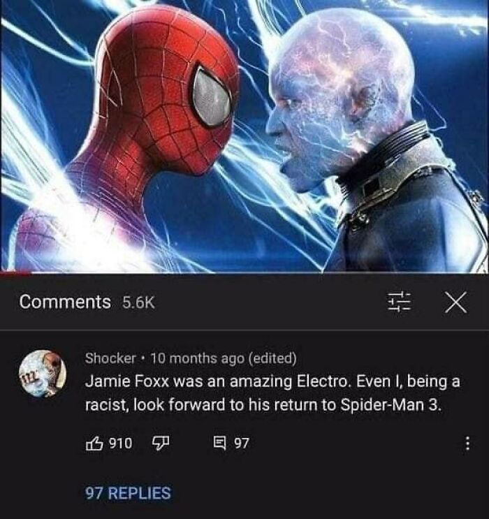 Spider-Man and Electro facing off in a scene with a YouTube comment discussing Jamie Foxx’s role in Spider-Man 3.