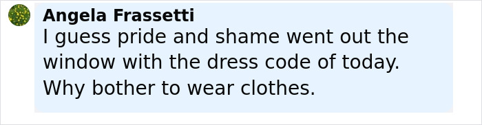 Comment on social media post expressing disapproval of modern dress codes and lack of clothing standards.