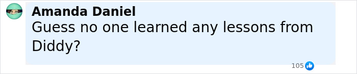 Comment by Amanda Daniel questioning if anyone learned lessons from Diddy on a social media platform.