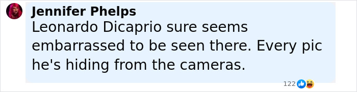 Screenshot of social media comment mentioning Leonardo Dicaprio seeming embarrassed at Jeff Bezos and Lauren S&aacute;nchez's pajama-themed afterparty.