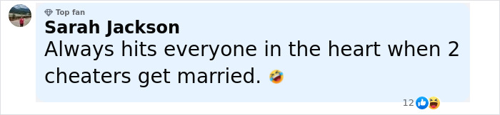 Comment from Sarah Jackson reacting humorously to a celebrity wedding, mentioning emotions and marriage drama online.