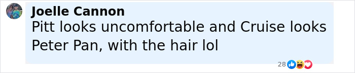 Comment about Tom Cruise and Brad Pitt reunion sparking botox rumors, mentioning bloated Elvis and hair appearance.