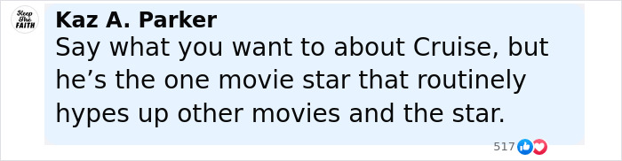 Comment by Kaz A. Parker discussing Tom Cruise hyping up other movies and stars, sparking Botox rumors after F1 premiere reunion.