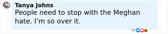 Facebook comment by Tanya Johns expressing frustration about Meghan hate with 58 reactions including likes and laughs.