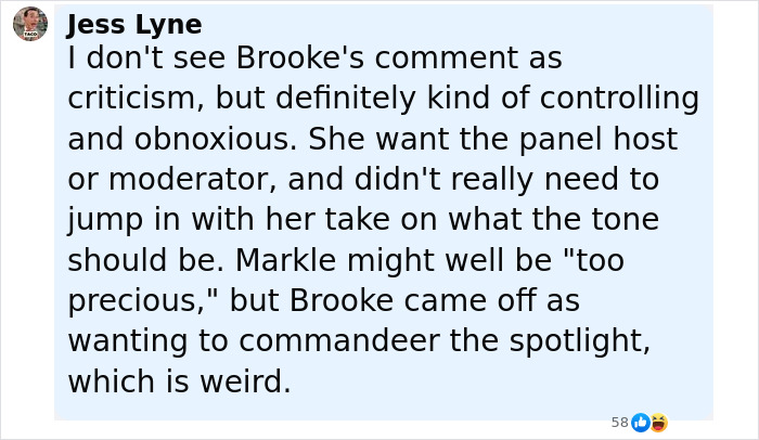 Screenshot of a social media comment discussing Brooke Shields and Meghan Markle with criticism and control mentioned.