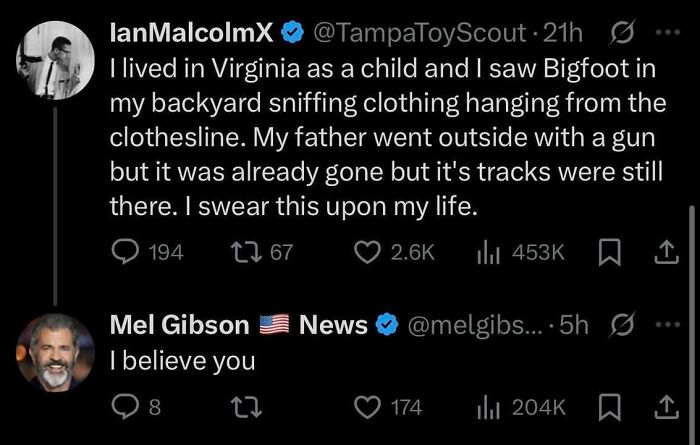 Screenshot of a tweet thread where a user shares a Bigfoot sighting story that made people go hmmm.