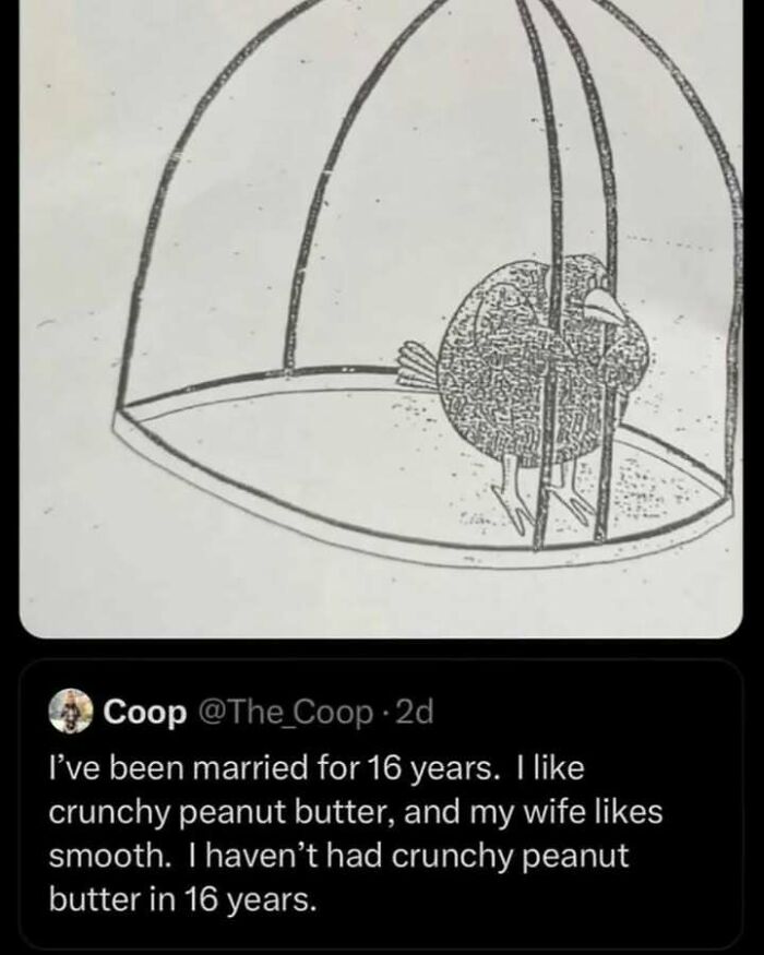 Illustration of a bird trapped behind cage bars paired with a tweet about peanut butter preferences in a long marriage.