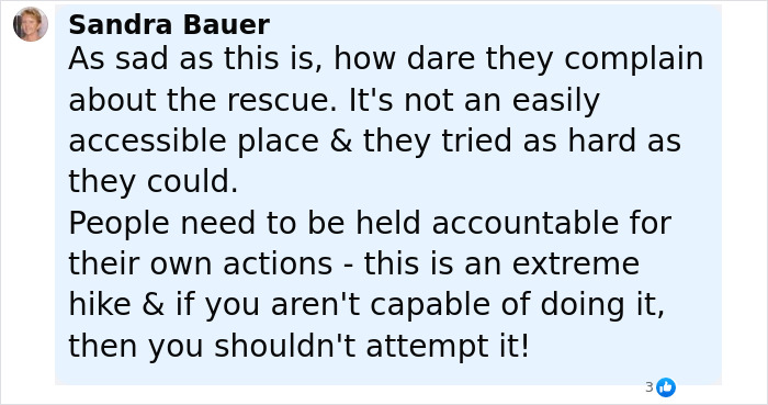 Comment from Sandra Bauer defending the rescue team amid accusations of abandoning tourist in active volcano hike. Comment from Sandra Bauer defending the rescue team amid accusations of abandoning tourist in active volcano hike.