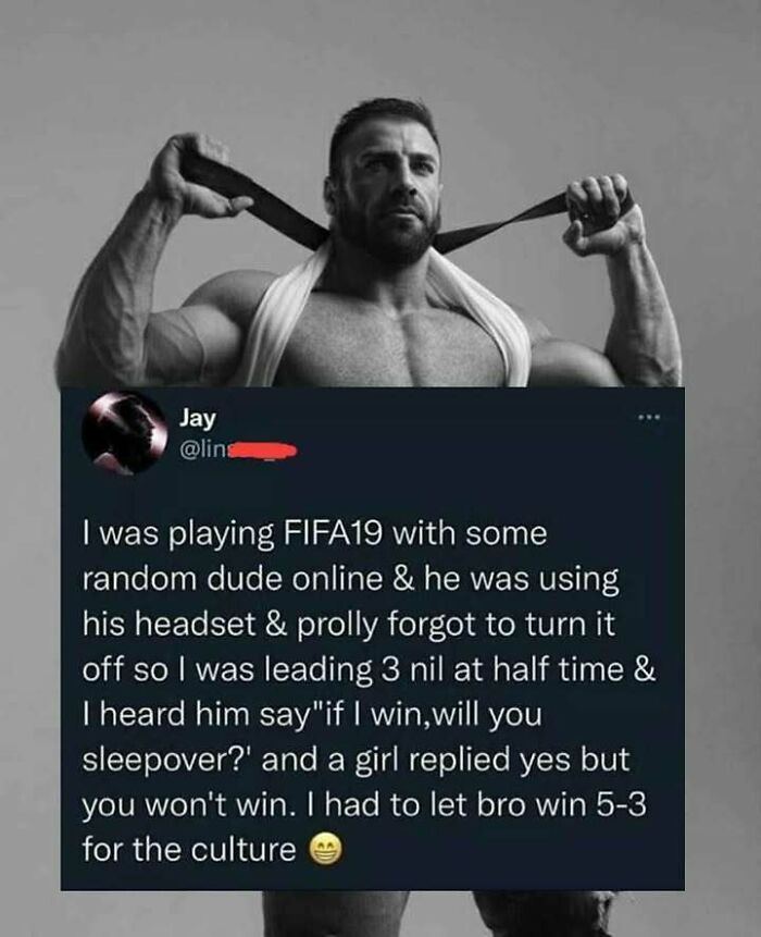 Man pulling a strap over his shoulders above a funny tweet that made people go hmmm and share online.