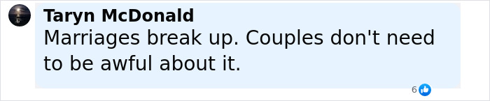 Comment by Taryn McDonald about marriages breaking up and couples handling it maturely in a social media post.