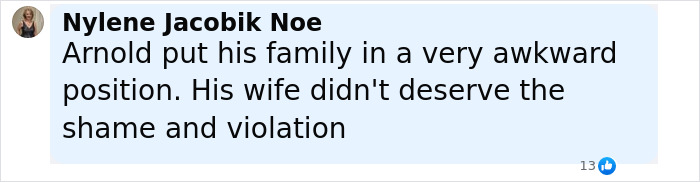 Comment by Nylene Jacobik Noe discussing Arnold Schwarzenegger’s family issues and the love child snubbed by step-siblings at premiere. Comment by Nylene Jacobik Noe discussing Arnold Schwarzenegger’s family issues and the love child snubbed by step-siblings at premiere.